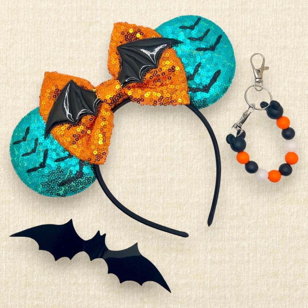 Spooky Teal Bat Minnie Ears & Holder Set | Disney-Inspired Halloween Mouse Ears